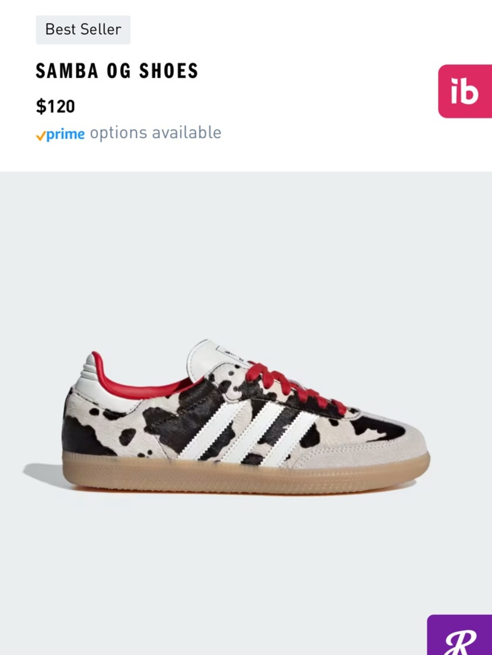 Adidas Samba OG Sneakers in Cow Print with Red Accents 6.5 Women’s